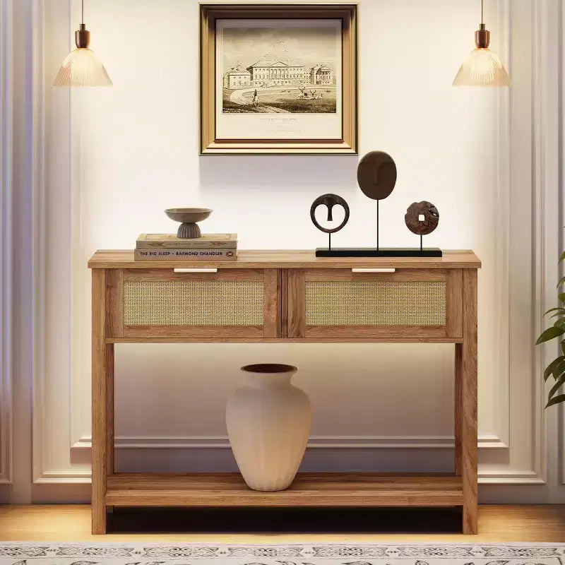 Consolle marrone/color legno in rattan con 2 cassetti, 2 ripiani, 1 persona