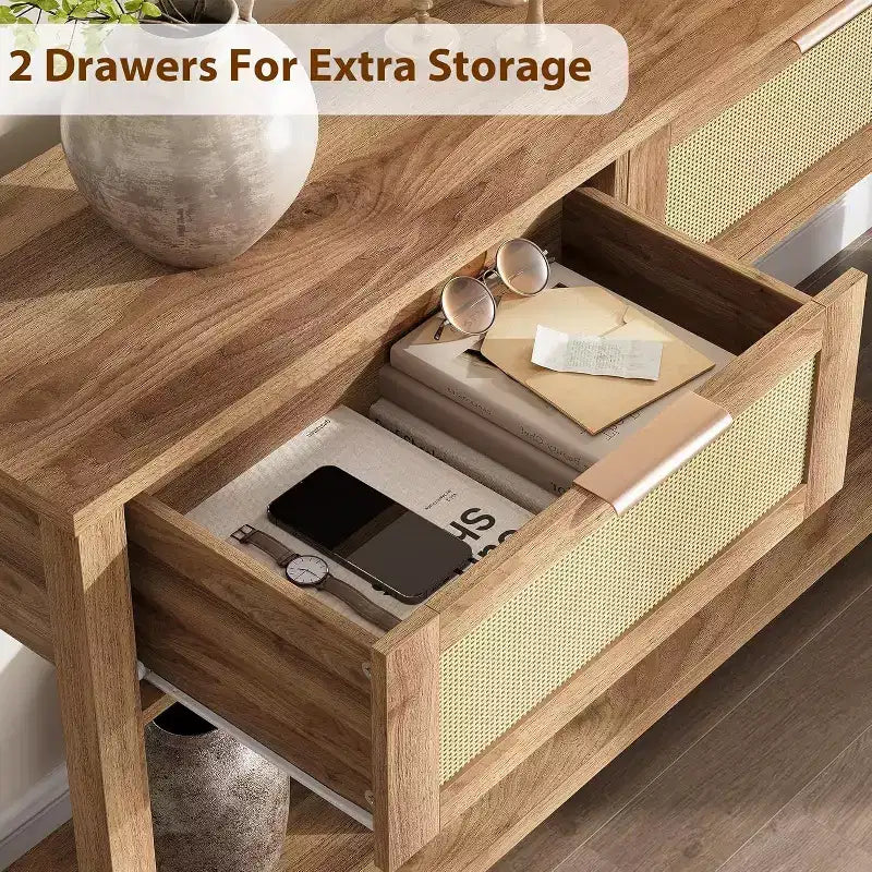 Consolle marrone/color legno in rattan con 2 cassetti, 2 ripiani, 1 persona