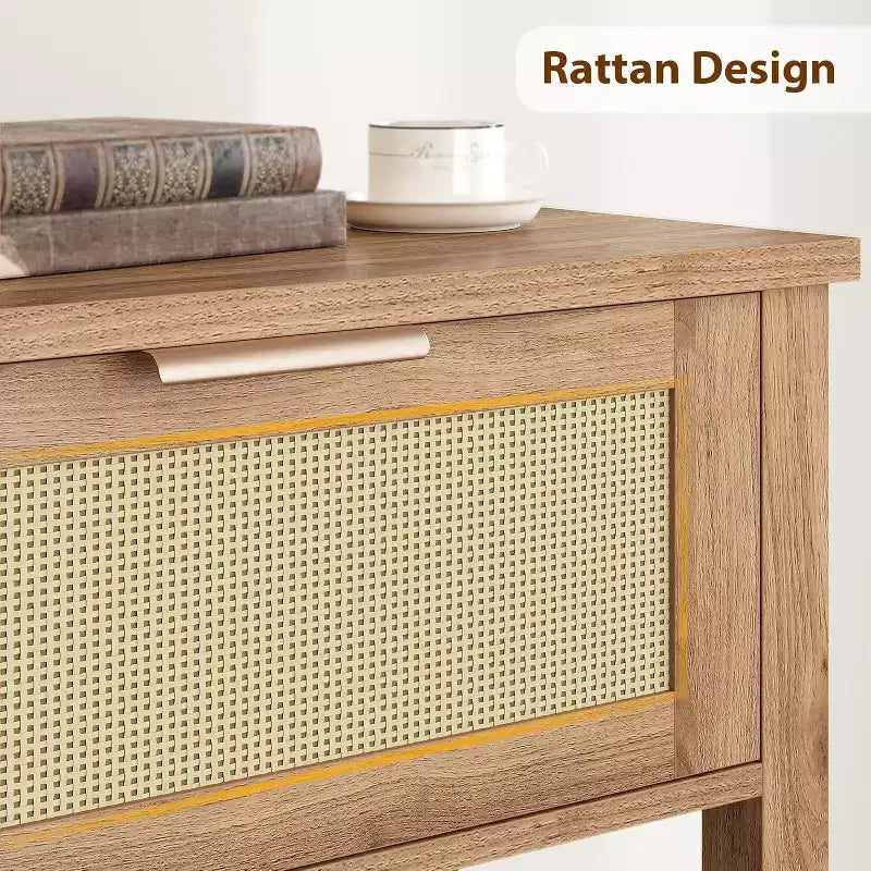 Consolle marrone/color legno in rattan con 2 cassetti, 2 ripiani, 1 persona