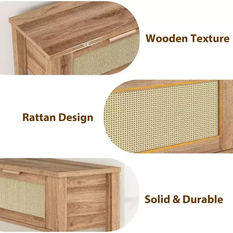 Consolle marrone/color legno in rattan con 2 cassetti, 2 ripiani, 1 persona
