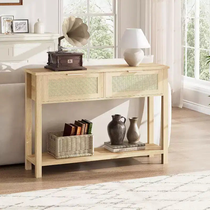 Consolle marrone/color legno in rattan con 2 cassetti, 2 ripiani, 1 persona