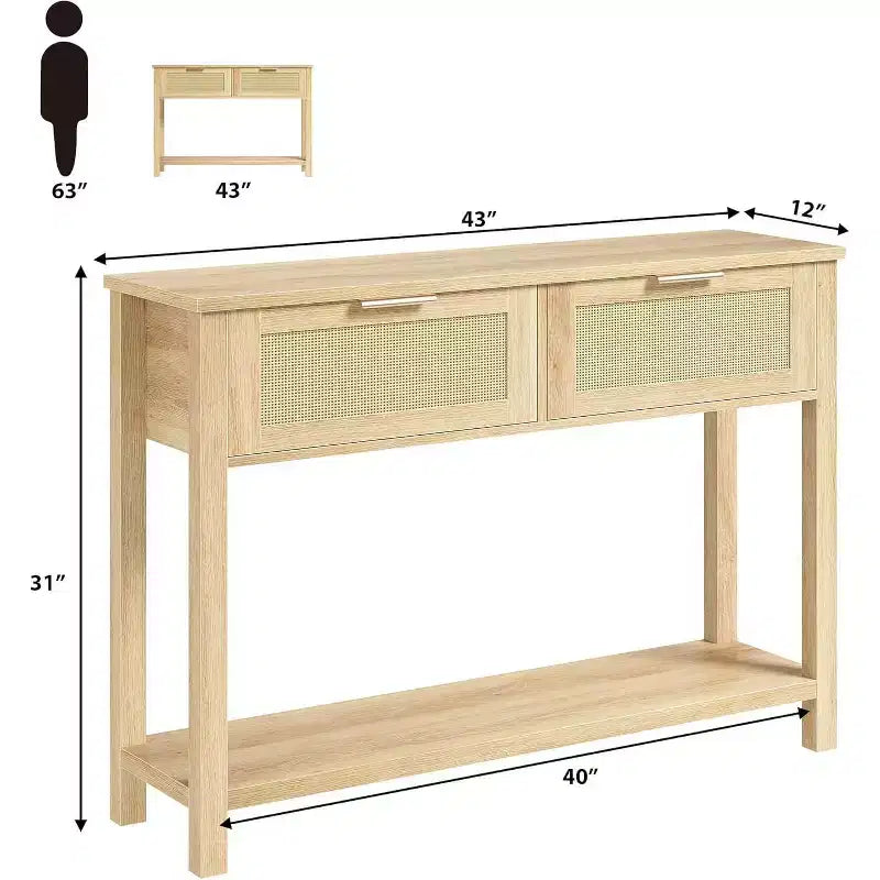 Consolle marrone/color legno in rattan con 2 cassetti, 2 ripiani, 1 persona