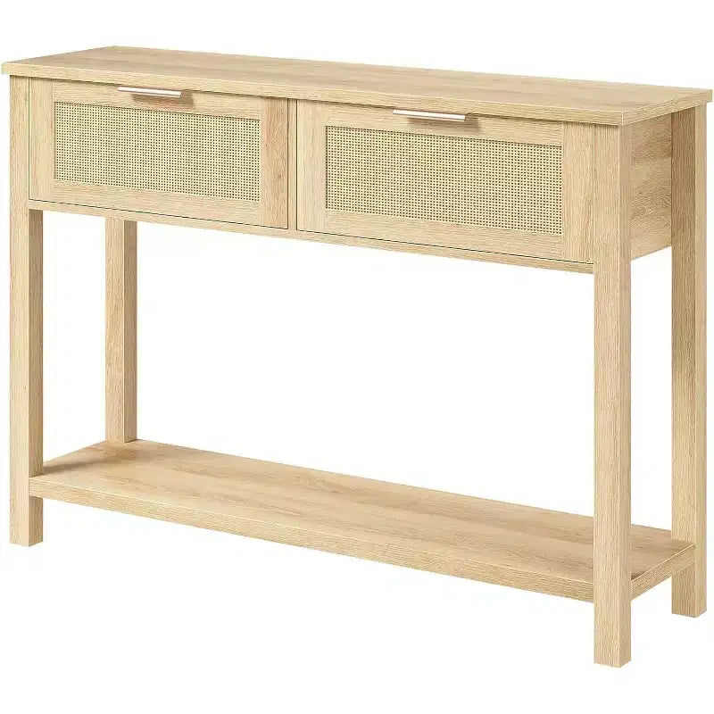 Consolle marrone/color legno in rattan con 2 cassetti, 2 ripiani, 1 persona