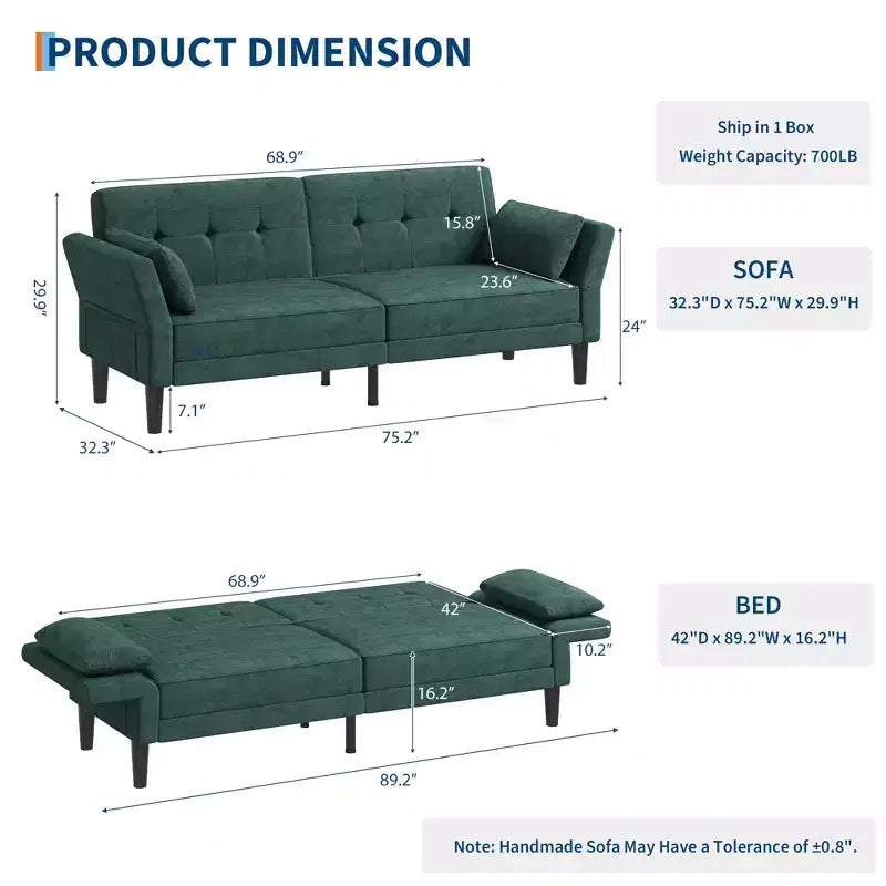 Divano Letto Futon convertibile Beige/Verde, 3 posti