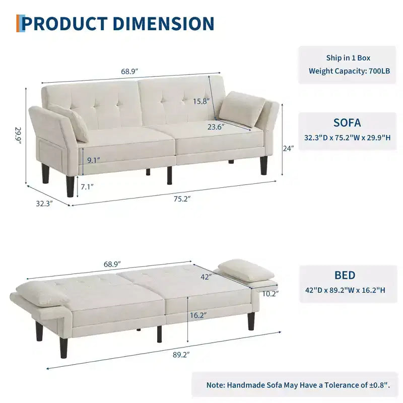 Divano Letto Futon convertibile Beige/Verde, 3 posti