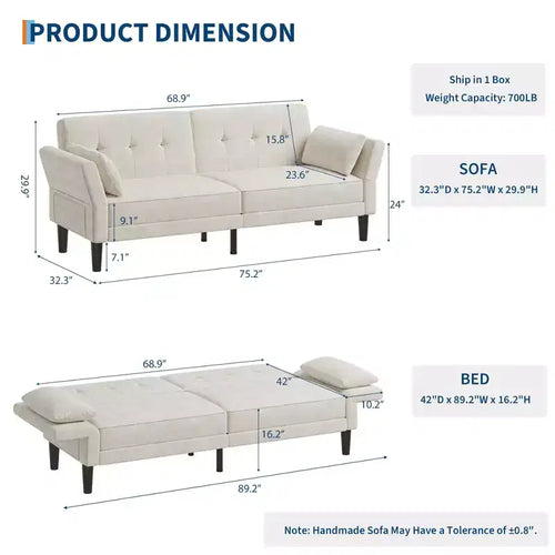 Divano Letto Futon convertibile Beige/Verde, 3 posti