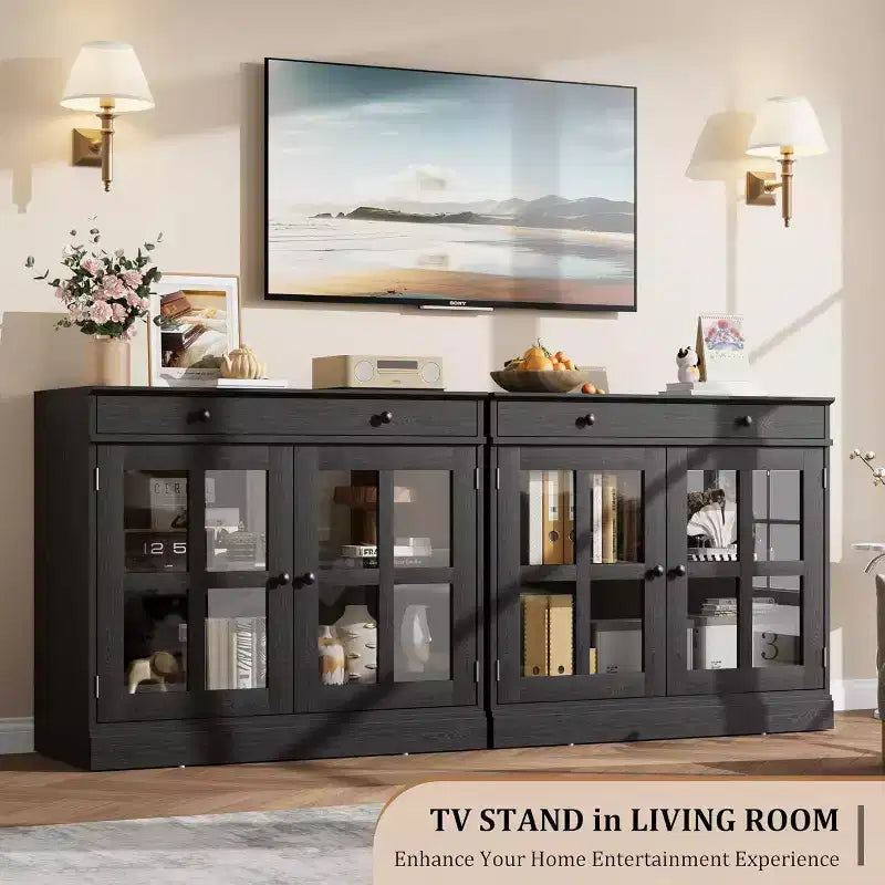 Credenza buffet da 89,9 cm | Nero / Bianco / Noce / Frassino | Ante in vetro | 1 persona
