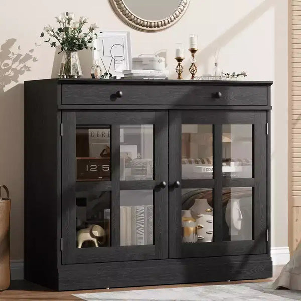 Credenza buffet da 89,9 cm | Nero / Bianco / Noce / Frassino | Ante in vetro | 1 persona