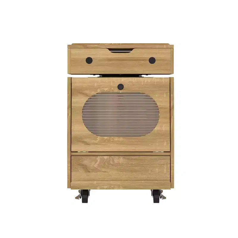 Mobiletto laterale marrone stile robot con striscia LED e parte superiore ruotabile a 360°, ruote bloccabili, 1 persona