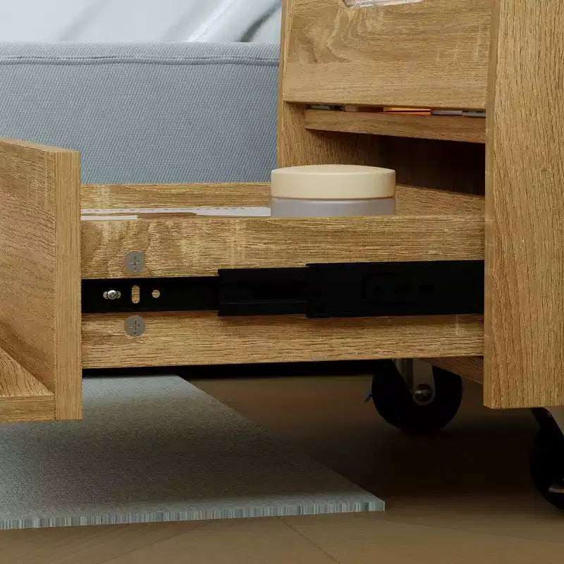 Mobiletto laterale marrone stile robot con striscia LED e parte superiore ruotabile a 360°, ruote bloccabili, 1 persona