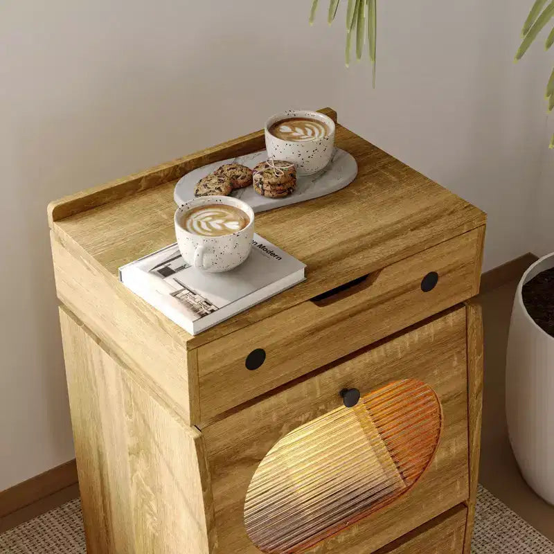 Mobiletto laterale marrone stile robot con striscia LED e parte superiore ruotabile a 360°, ruote bloccabili, 1 persona