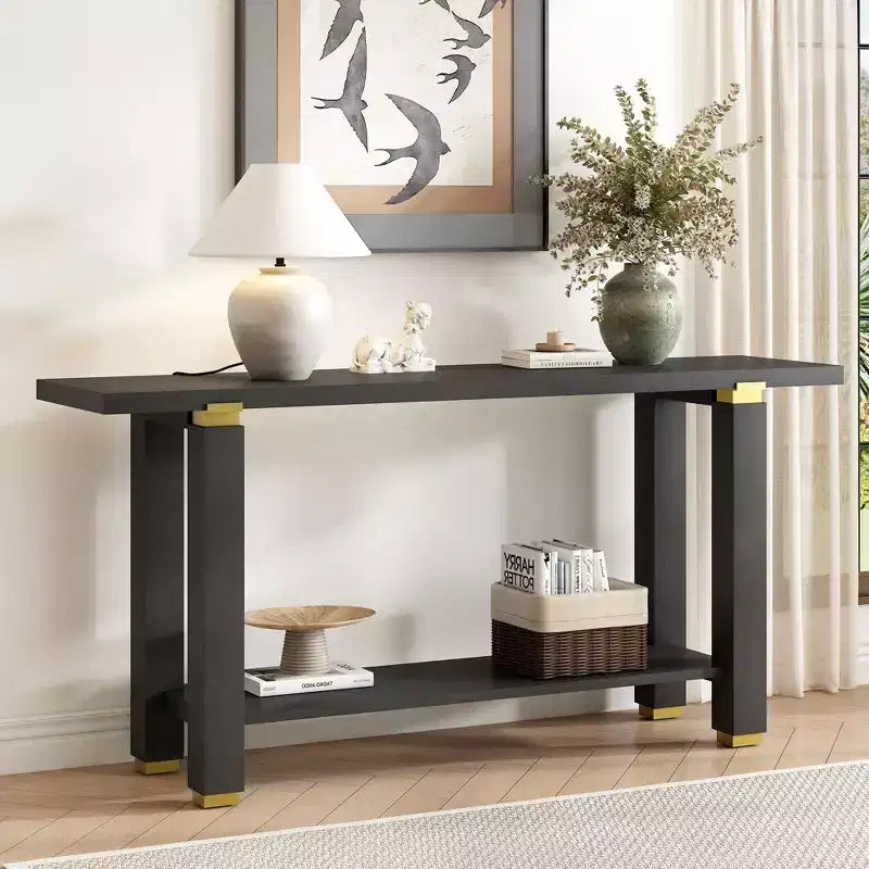 Consolle stretta nera con ripiano aperto, 160 cm