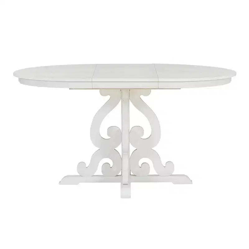 Set da pranzo rotondo allungabile da 4 posti in bianco antico/noce, sedie imbottite, 5 pezzi