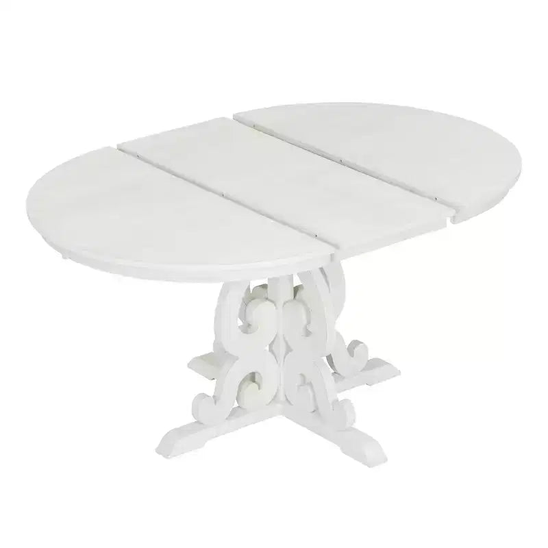 Set da pranzo rotondo allungabile da 4 posti in bianco antico/noce, sedie imbottite, 5 pezzi