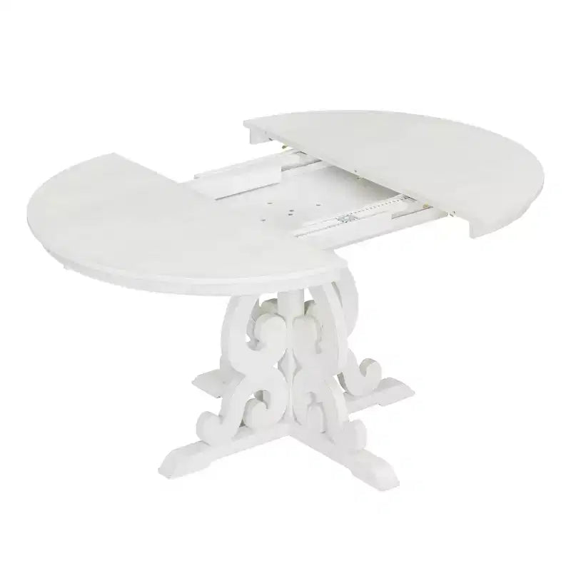 Set da pranzo rotondo allungabile da 4 posti in bianco antico/noce, sedie imbottite, 5 pezzi