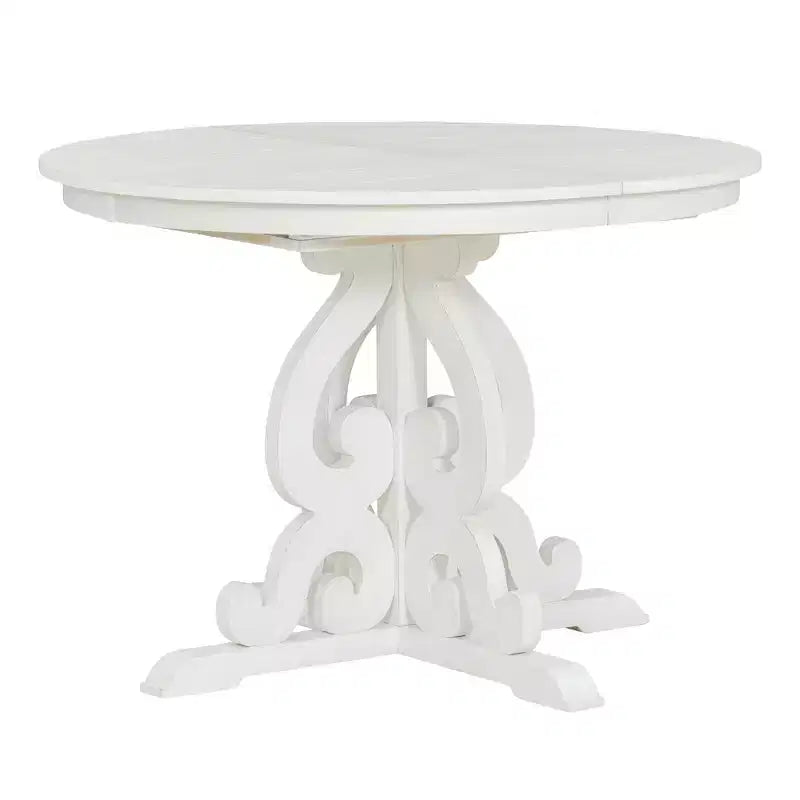 Set da pranzo rotondo allungabile da 4 posti in bianco antico/noce, sedie imbottite, 5 pezzi