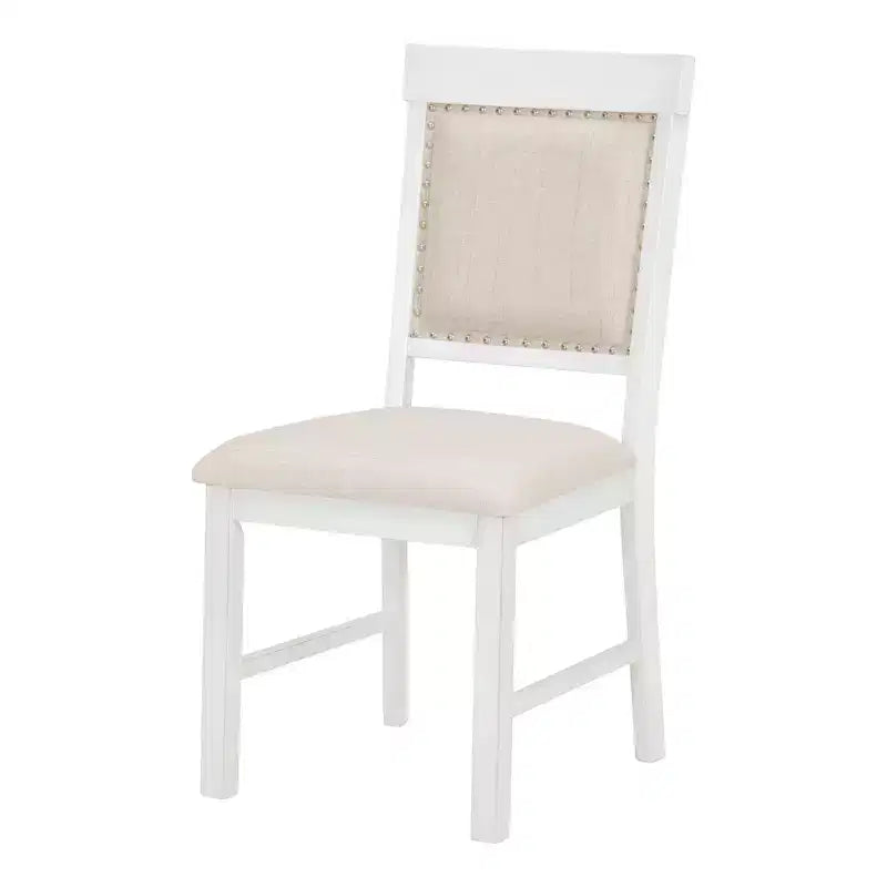 Set da pranzo rotondo allungabile da 4 posti in bianco antico/noce, sedie imbottite, 5 pezzi