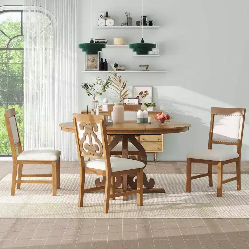Set da pranzo rotondo allungabile da 4 posti in bianco antico/noce, sedie imbottite, 5 pezzi