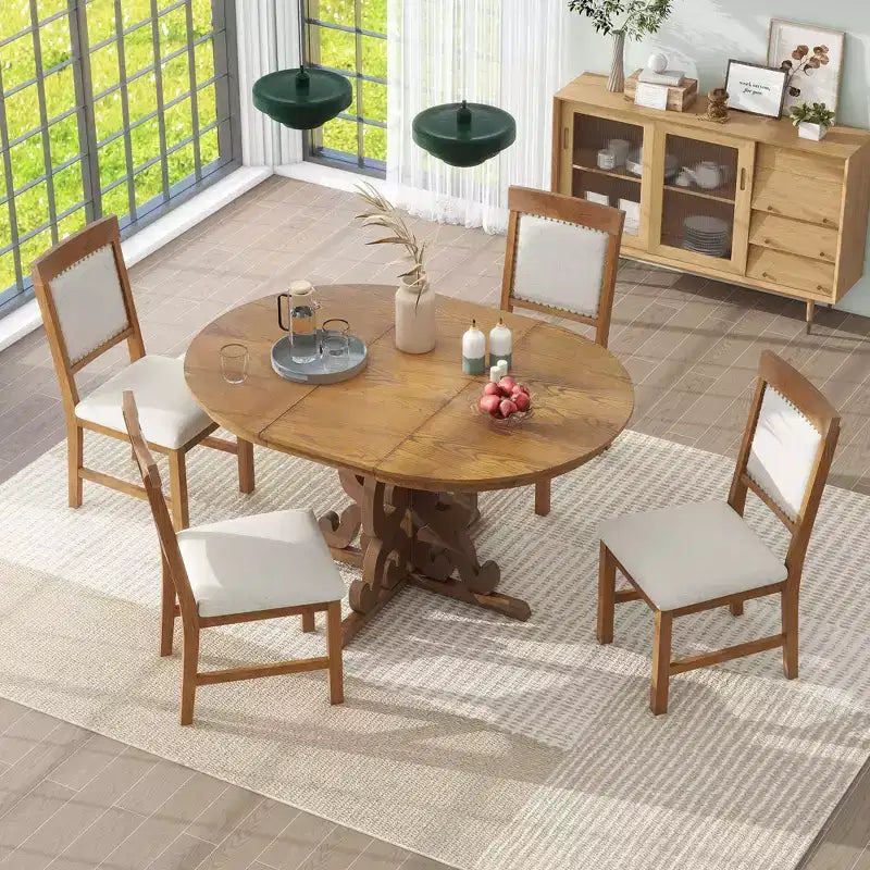 Set da pranzo rotondo allungabile da 4 posti in bianco antico/noce, sedie imbottite, 5 pezzi
