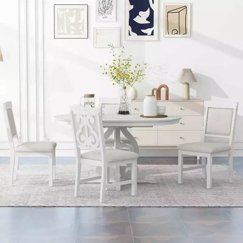 Set da pranzo rotondo allungabile da 4 posti in bianco antico/noce, sedie imbottite, 5 pezzi