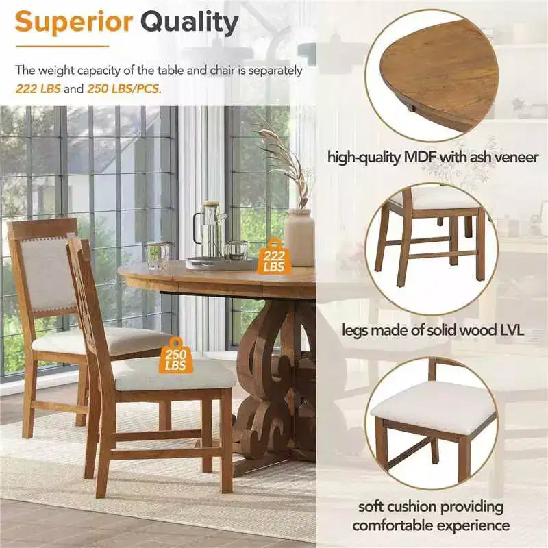 Set da pranzo rotondo allungabile da 4 posti in bianco antico/noce, sedie imbottite, 5 pezzi