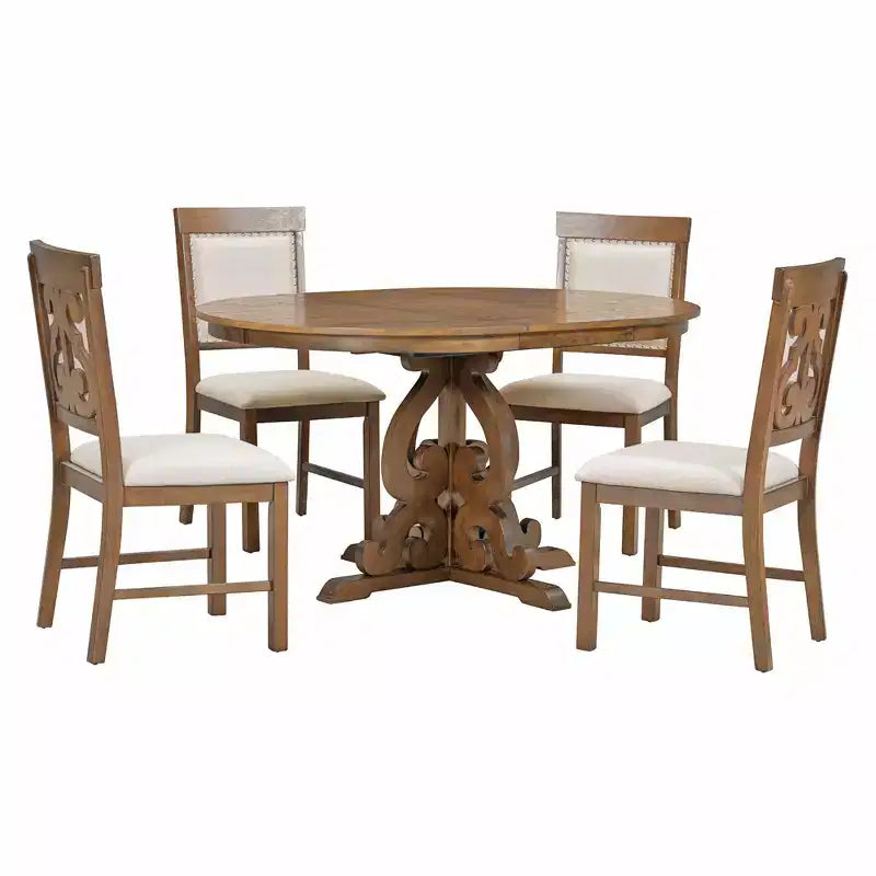 Set da pranzo rotondo allungabile da 4 posti in bianco antico/noce, sedie imbottite, 5 pezzi