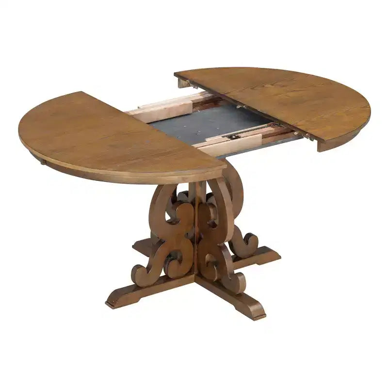 Set da pranzo rotondo allungabile da 4 posti in bianco antico/noce, sedie imbottite, 5 pezzi