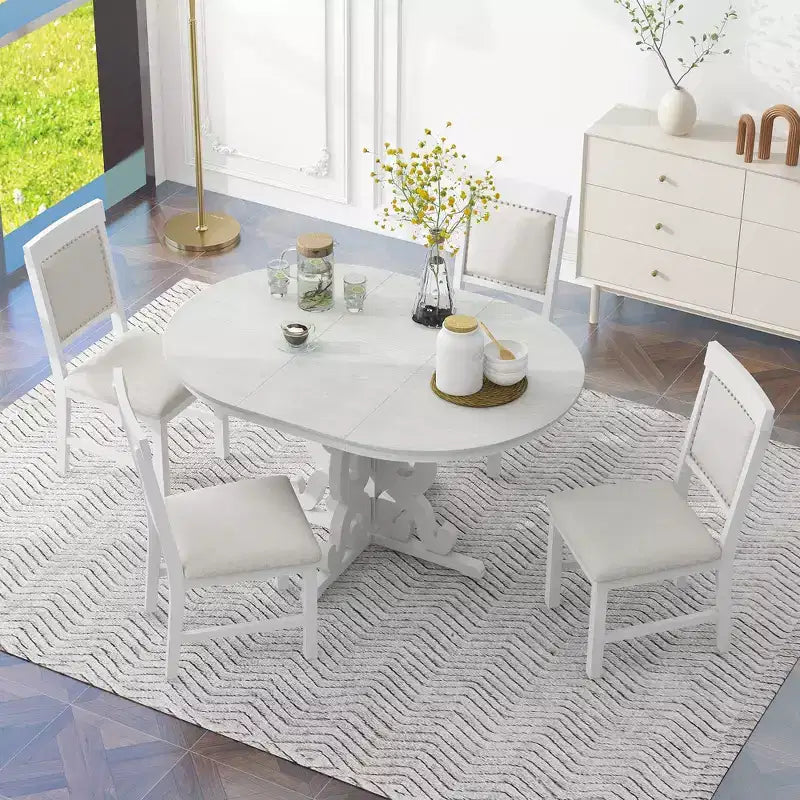Set da pranzo rotondo allungabile da 4 posti in bianco antico/noce, sedie imbottite, 5 pezzi