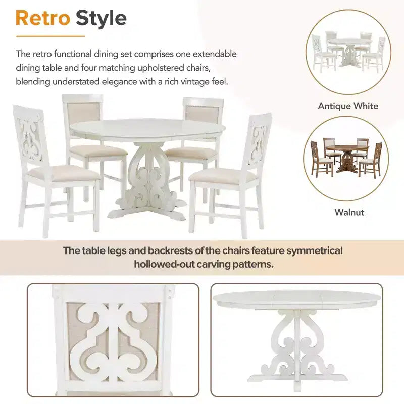 Set da pranzo rotondo allungabile da 4 posti in bianco antico/noce, sedie imbottite, 5 pezzi