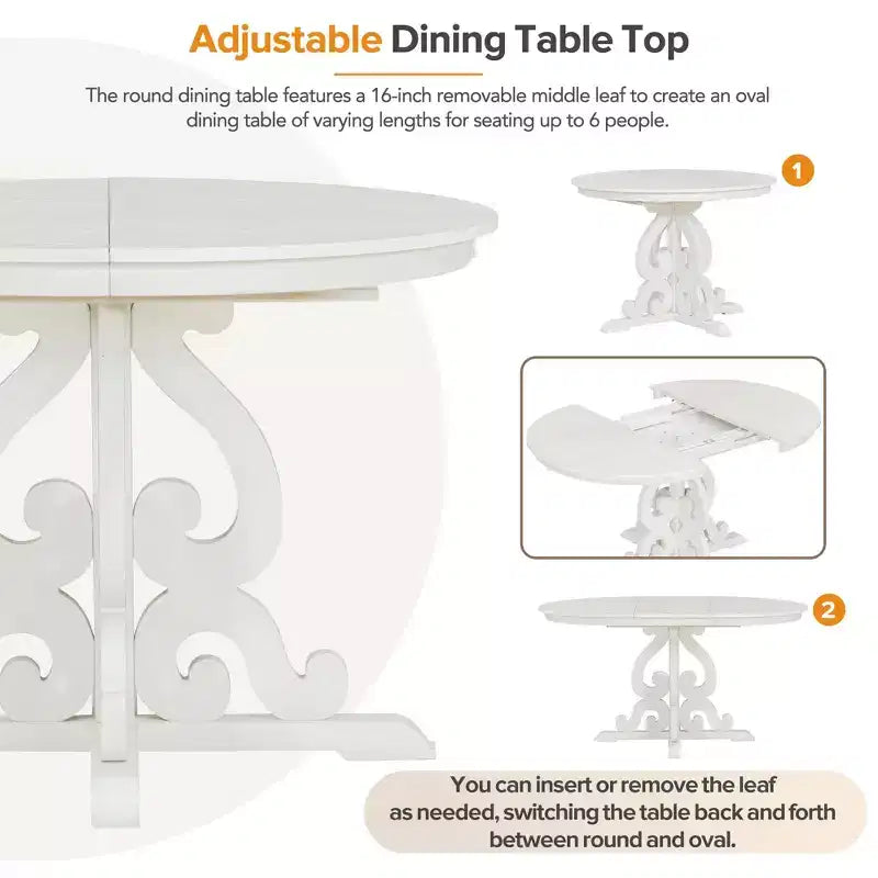 Set da pranzo rotondo allungabile da 4 posti in bianco antico/noce, sedie imbottite, 5 pezzi