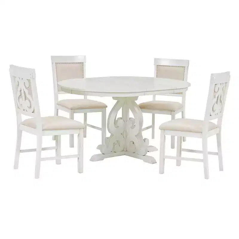 Set da pranzo rotondo allungabile da 4 posti in bianco antico/noce, sedie imbottite, 5 pezzi