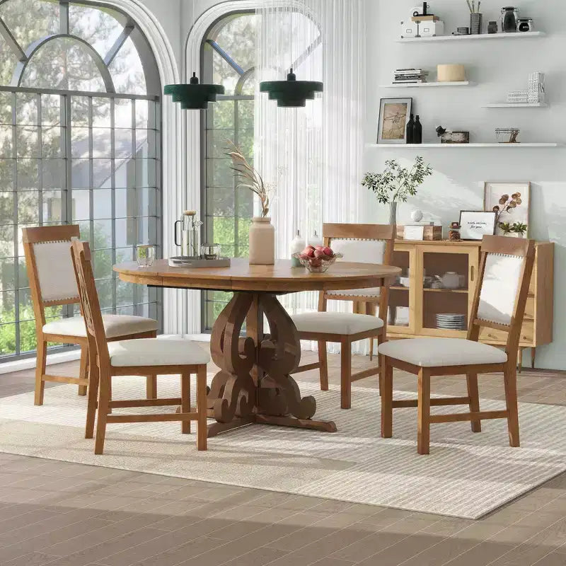 Set da pranzo rotondo allungabile da 4 posti in bianco antico/noce, sedie imbottite, 5 pezzi