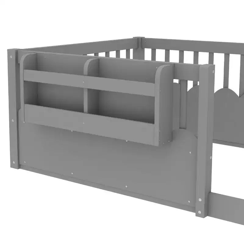 Letto a pavimento grigio/naturale/bianco con sponde di sicurezza e libreria, singolo/matrimoniale/king size, per 1 bambino