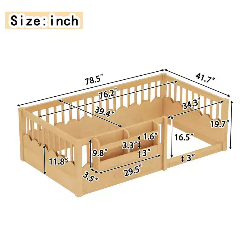 Letto a pavimento grigio/naturale/bianco con sponde di sicurezza e libreria, singolo/matrimoniale/king size, per 1 bambino