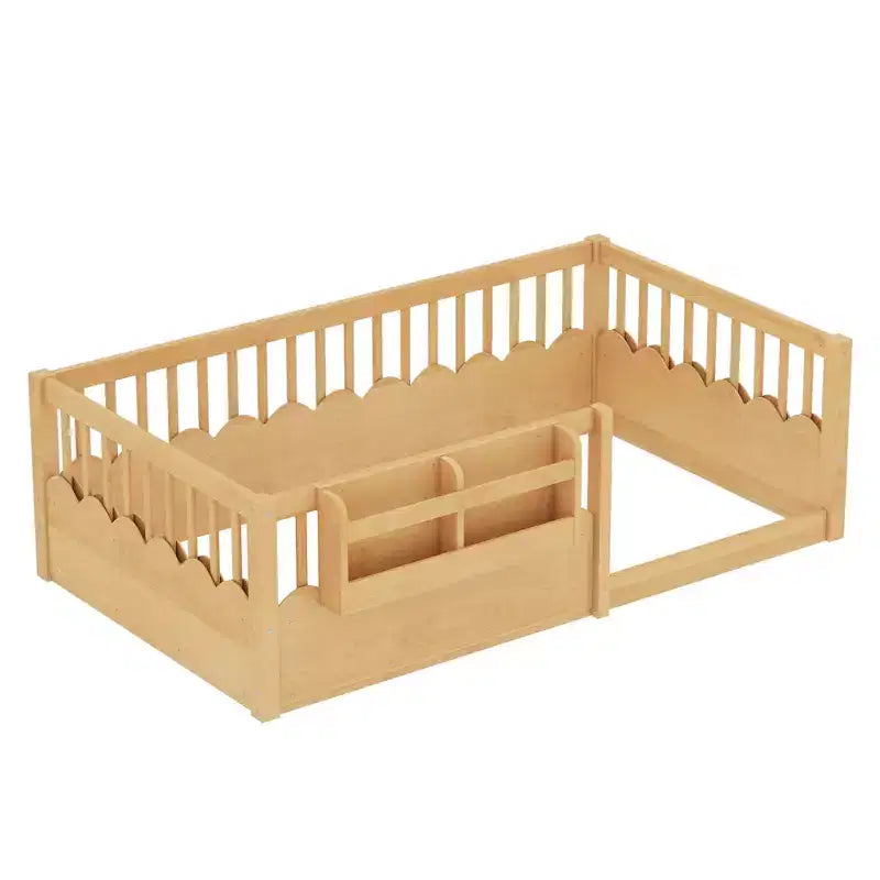 Letto a pavimento grigio/naturale/bianco con sponde di sicurezza e libreria, singolo/matrimoniale/king size, per 1 bambino