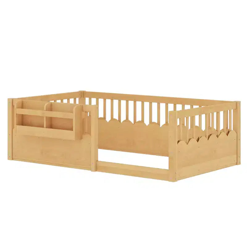 Letto a pavimento grigio/naturale/bianco con sponde di sicurezza e libreria, singolo/matrimoniale/king size, per 1 bambino