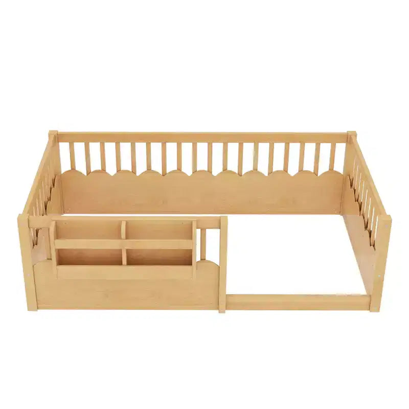 Letto a pavimento grigio/naturale/bianco con sponde di sicurezza e libreria, singolo/matrimoniale/king size, per 1 bambino
