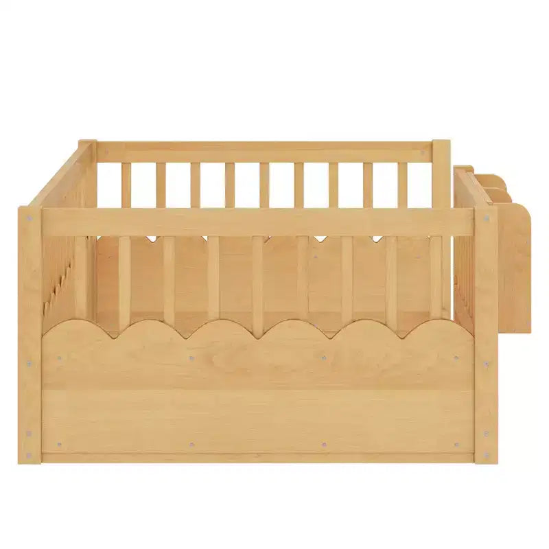Letto a pavimento grigio/naturale/bianco con sponde di sicurezza e libreria, singolo/matrimoniale/king size, per 1 bambino