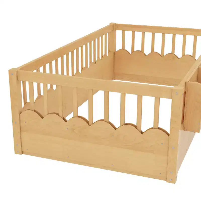 Letto a pavimento grigio/naturale/bianco con sponde di sicurezza e libreria, singolo/matrimoniale/king size, per 1 bambino