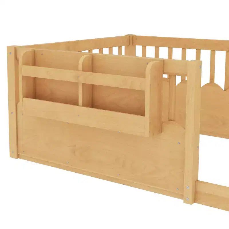 Letto a pavimento grigio/naturale/bianco con sponde di sicurezza e libreria, singolo/matrimoniale/king size, per 1 bambino