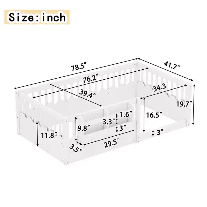 Letto a pavimento grigio/naturale/bianco con sponde di sicurezza e libreria, singolo/matrimoniale/king size, per 1 bambino