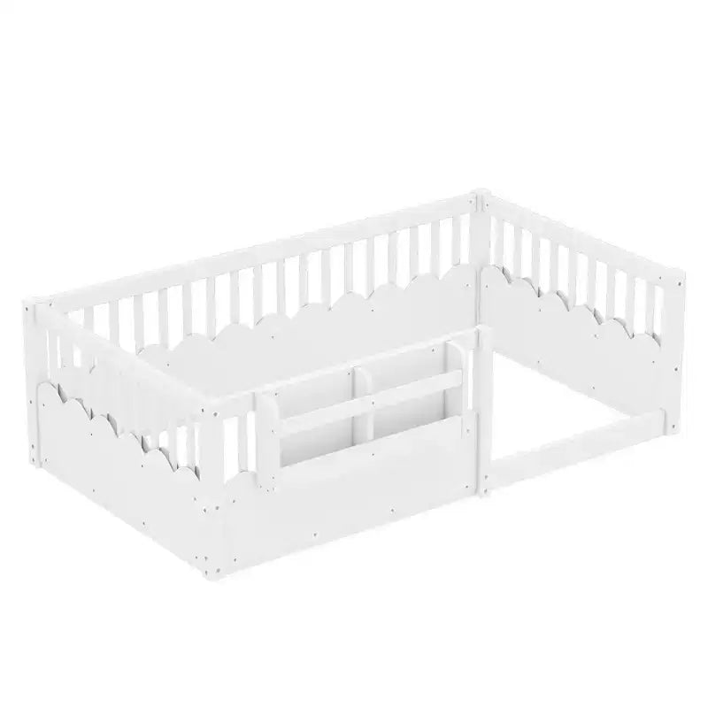 Letto a pavimento grigio/naturale/bianco con sponde di sicurezza e libreria, singolo/matrimoniale/king size, per 1 bambino