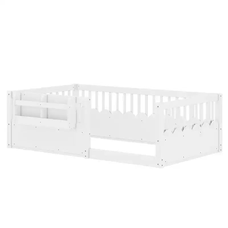 Letto a pavimento grigio/naturale/bianco con sponde di sicurezza e libreria, singolo/matrimoniale/king size, per 1 bambino