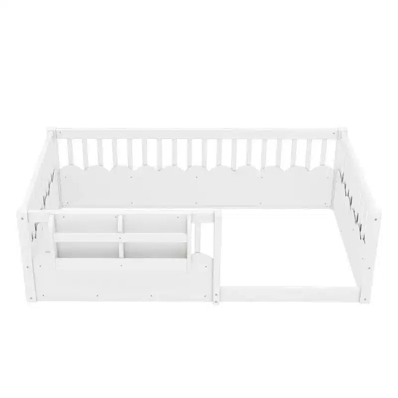 Letto a pavimento grigio/naturale/bianco con sponde di sicurezza e libreria, singolo/matrimoniale/king size, per 1 bambino
