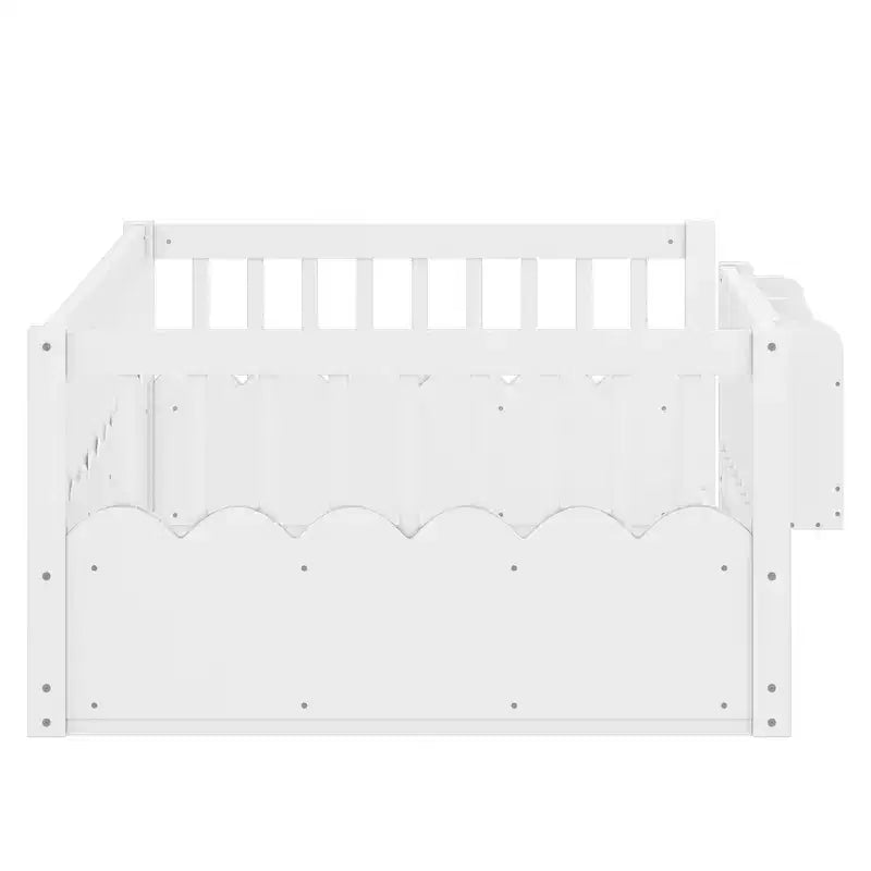 Letto a pavimento grigio/naturale/bianco con sponde di sicurezza e libreria, singolo/matrimoniale/king size, per 1 bambino