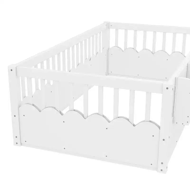 Letto a pavimento grigio/naturale/bianco con sponde di sicurezza e libreria, singolo/matrimoniale/king size, per 1 bambino