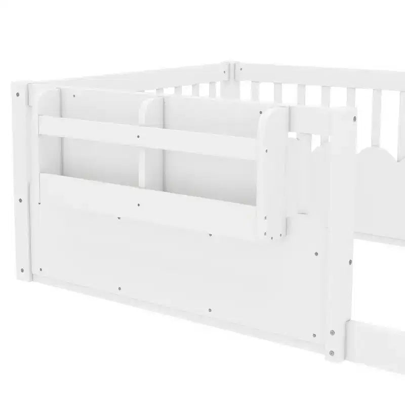 Letto a pavimento grigio/naturale/bianco con sponde di sicurezza e libreria, singolo/matrimoniale/king size, per 1 bambino