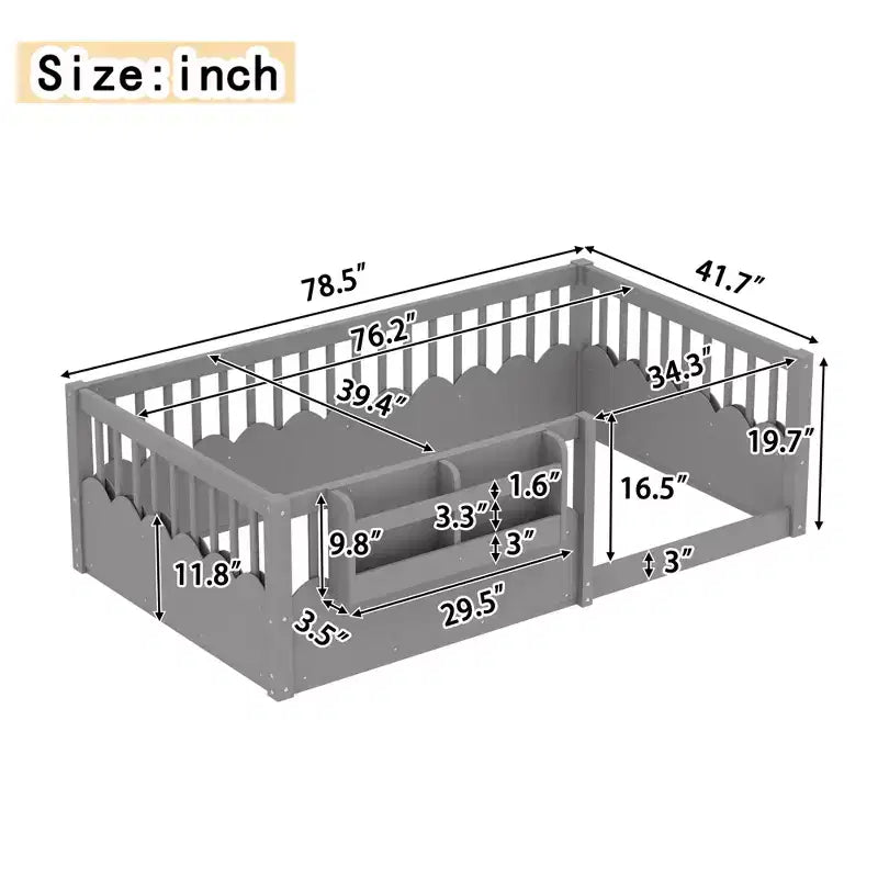 Letto a pavimento grigio/naturale/bianco con sponde di sicurezza e libreria, singolo/matrimoniale/king size, per 1 bambino