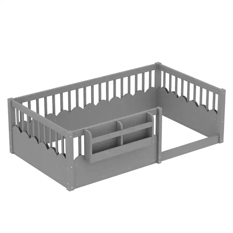 Letto a pavimento grigio/naturale/bianco con sponde di sicurezza e libreria, singolo/matrimoniale/king size, per 1 bambino