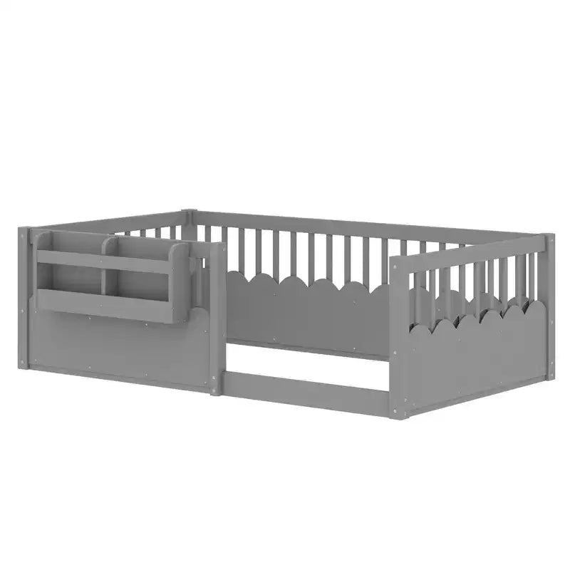 Letto a pavimento grigio/naturale/bianco con sponde di sicurezza e libreria, singolo/matrimoniale/king size, per 1 bambino